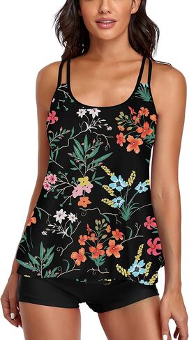 BEOYING Tankini Swimsuit for Women Two Piece Bikini Tummy Control Bathing Suit Tank Top Swimwear with Boyshorts in Saudi Arabia