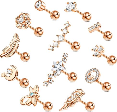 FASACCO 12PCS 18G Stainless Steel Barbell Helix Cartilage Stud Earrings CZ Leaf Dragonfly Flower Wing Moon Star Forward Helix Tragus Daith Conch Piercing Jewelry for Women Men in Saudi Arabia