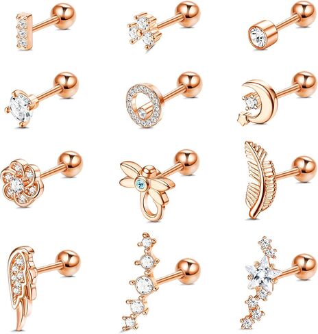 FASACCO 12PCS 18G Stainless Steel Barbell Helix Cartilage Stud Earrings CZ Leaf Dragonfly Flower Wing Moon Star Forward Helix Tragus Daith Conch Piercing Jewelry for Women Men in Saudi Arabia