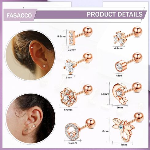 FASACCO 12PCS 18G Stainless Steel Barbell Helix Cartilage Stud Earrings CZ Leaf Dragonfly Flower Wing Moon Star Forward Helix Tragus Daith Conch Piercing Jewelry for Women Men in Saudi Arabia