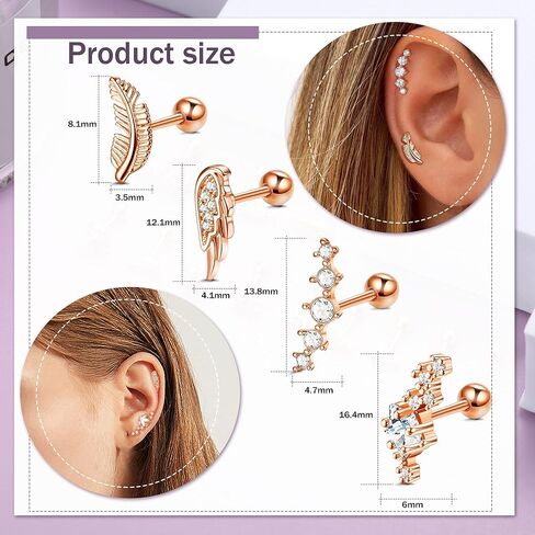 FASACCO 12PCS 18G Stainless Steel Barbell Helix Cartilage Stud Earrings CZ Leaf Dragonfly Flower Wing Moon Star Forward Helix Tragus Daith Conch Piercing Jewelry for Women Men in Saudi Arabia