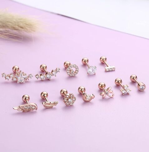 FASACCO 12PCS 18G Stainless Steel Barbell Helix Cartilage Stud Earrings CZ Leaf Dragonfly Flower Wing Moon Star Forward Helix Tragus Daith Conch Piercing Jewelry for Women Men in Saudi Arabia