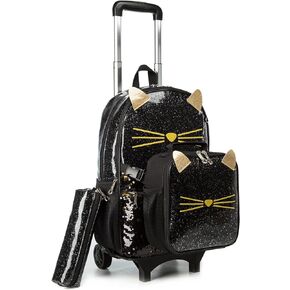 Egchescebo School Bags Kids Rolling Backpack for Girls Kids Luggage Kids Suitcase With Wheels Trolley Wheeled Backpacks for Girls Travel Bags 3PCS Girls Cat Backpack With Lunch for kids Black Bags in Saudi Arabia