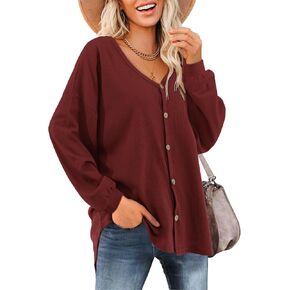 Beluring Women's Shirts V Neck Short/Long Sleeve Loose Waffle Knit Button Up Tops Blouse in Kuwait