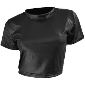 تي شيرت Berylzz نسائي ذو مظهر جلدي ورقبة دائرية وقصة ضيقة ومطاطة وبنمط قصير وصلب in Kuwait