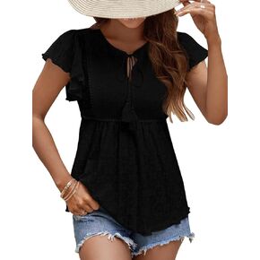 SESERAGI Women's Peplum Tops Tie Flutter Short Sleeve Blouse Eyelet Peasant Lace Top