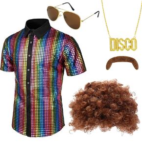 5Pcs 70s Disco Costume, Button Down Sequins Dress Shirt, Afro Wig Disco Necklace Sunglasses for 60s 70s Dress up and Halloween Costume Party