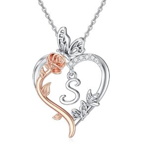 TOUPOP Gifts for Women Rose Heart Necklaces Gifts for Women Butterfly Necklace 925 Sterling Silver with A-Z Initial Letter Necklace Birthday Gifts for Her Mom Wife Girlfriend
