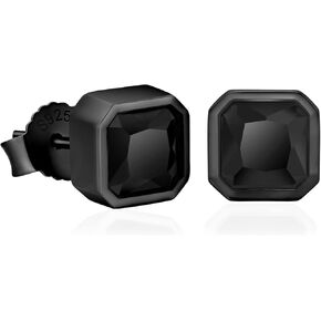 KRKC&CO Men Stud Earrings, Square Studs, 925 Sterling Silver, 14K Gold Iced Out CZ Diamond Black Onyx, Hypoallergenic, Stylish Hip Hop Street-Wear Look for Boys Men Women