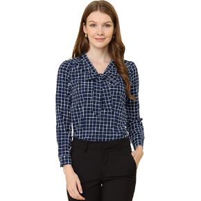 Allegra K Women's Elegant Bow Tie Neck Puff Long Sleeve Plaid Top Work Shirt Blouse