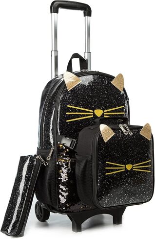 Egchescebo School Bags Kids Rolling Backpack for Girls Kids Luggage Kids Suitcase With Wheels Trolley Wheeled Backpacks for Girls Travel Bags 3PCS Girls Cat Backpack With Lunch for kids Black Bags in Kuwait