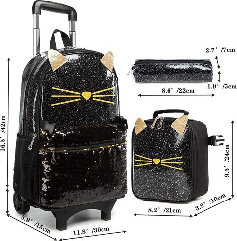 Egchescebo School Bags Kids Rolling Backpack for Girls Kids Luggage Kids Suitcase With Wheels Trolley Wheeled Backpacks for Girls Travel Bags 3PCS Girls Cat Backpack With Lunch for kids Black Bags in Kuwait