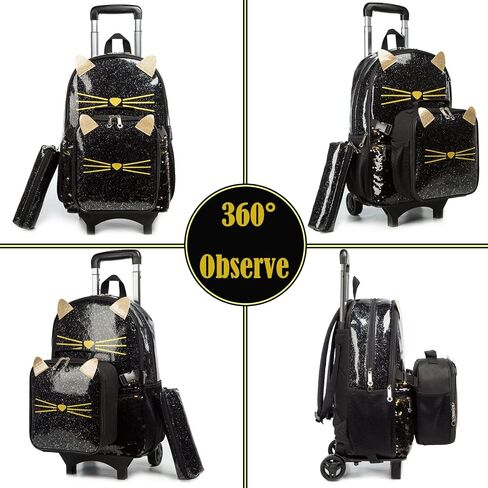 Egchescebo School Bags Kids Rolling Backpack for Girls Kids Luggage Kids Suitcase With Wheels Trolley Wheeled Backpacks for Girls Travel Bags 3PCS Girls Cat Backpack With Lunch for kids Black Bags in Kuwait