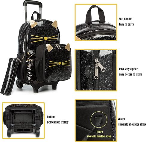 Egchescebo School Bags Kids Rolling Backpack for Girls Kids Luggage Kids Suitcase With Wheels Trolley Wheeled Backpacks for Girls Travel Bags 3PCS Girls Cat Backpack With Lunch for kids Black Bags in Kuwait