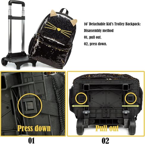 Egchescebo School Bags Kids Rolling Backpack for Girls Kids Luggage Kids Suitcase With Wheels Trolley Wheeled Backpacks for Girls Travel Bags 3PCS Girls Cat Backpack With Lunch for kids Black Bags in Kuwait