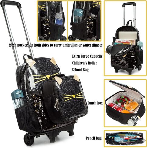 Egchescebo School Bags Kids Rolling Backpack for Girls Kids Luggage Kids Suitcase With Wheels Trolley Wheeled Backpacks for Girls Travel Bags 3PCS Girls Cat Backpack With Lunch for kids Black Bags in Kuwait