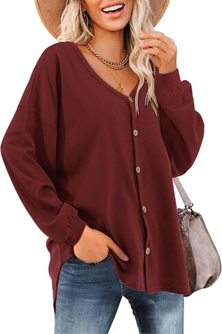 Beluring Women's Shirts V Neck Short/Long Sleeve Loose Waffle Knit Button Up Tops Blouse in Kuwait