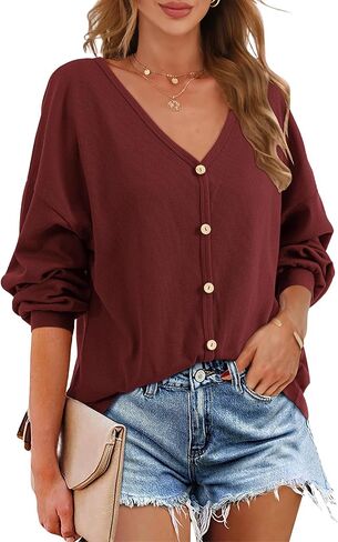 Beluring Women's Shirts V Neck Short/Long Sleeve Loose Waffle Knit Button Up Tops Blouse in Kuwait