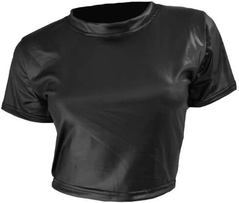 تي شيرت Berylzz نسائي ذو مظهر جلدي ورقبة دائرية وقصة ضيقة ومطاطة وبنمط قصير وصلب in Kuwait