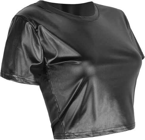 تي شيرت Berylzz نسائي ذو مظهر جلدي ورقبة دائرية وقصة ضيقة ومطاطة وبنمط قصير وصلب in Kuwait