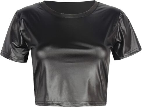 تي شيرت Berylzz نسائي ذو مظهر جلدي ورقبة دائرية وقصة ضيقة ومطاطة وبنمط قصير وصلب in Kuwait