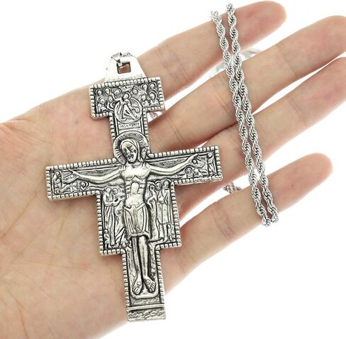RechicGu Vintage Saint St Francis of Assisi 3.3in Tau San Damiano Cross Necklace Catholic Crucifix Gift in Kuwait