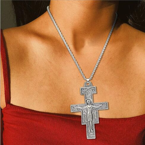 RechicGu Vintage Saint St Francis of Assisi 3.3in Tau San Damiano Cross Necklace Catholic Crucifix Gift in Kuwait