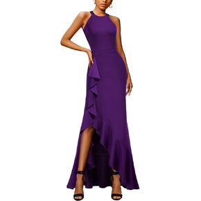 Miusol Women's Retro Halter Neck Ruffle Split Evening Formal Long Dress