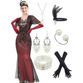 1920s Gatsby Flapper Evening Party Dress V Neck Sequins Mermaid Hem Cocktail Long Maxi Gown w/ 20s Accessories Set