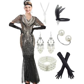 1920s Gatsby Flapper Evening Party Dress V Neck Sequins Mermaid Hem Cocktail Long Maxi Gown w/ 20s Accessories Set in Kuwait