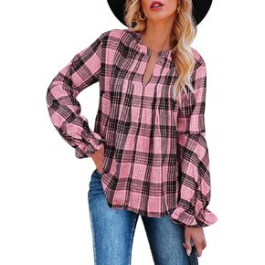 FANCYINN Women's Casual Flannel Plaid Pleated Front Tunic Tops Split Neck Long Lantern Sleeves Loose Pullover Shirts