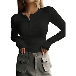 2024 Long Sleeve Shirts for Women V Neck Henley Tops Slim Fit Basic Ribbed Knit Button Down T Shirts Y2K Tops