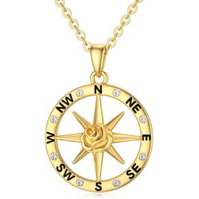 SISGEM 14K Real Gold Compass Pendant Necklace for Women,Yellow Gold Small Compass Dainty Necklace with Cubic Zirconia Fine Jewelry Birthday Present for Wife Girls,16+2 Inch