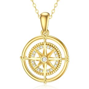 SISGEM 14K Real Gold Compass Pendant Necklace for Women,Yellow Gold Small Compass Dainty Necklace with Cubic Zirconia Fine Jewelry Birthday Present for Wife Girls,16+2 Inch