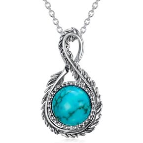 BETHZA Natural Turquoise/Jade/Larimar Necklaces for Women 925 Sterling Silver Infinity Feather Pendant Necklace Genuine Gemstone Jewelry Gifts for Girls