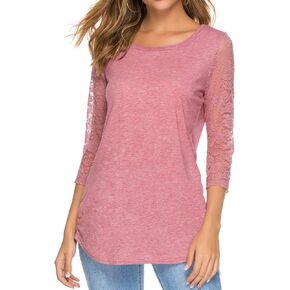 koitmy Women's 3/4 Lace Sleeve Round Neck T-Shirt Casual Blouses Tunics Tops