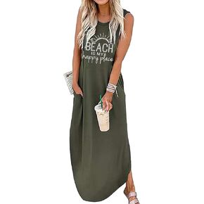 فساتين صيفية للشاطئ كاجوال للسيدات بدون أكمام، فساتين طويلة برسومات جرافيكية مع جيب in Kuwait