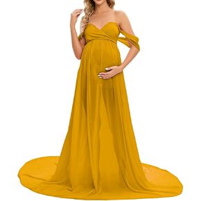ZIUMUDY Maternity Maxi Chiffon Gown for Photoshoot Photography Off Shoulder Wraped Sheer Chiffon Dress in Kuwait