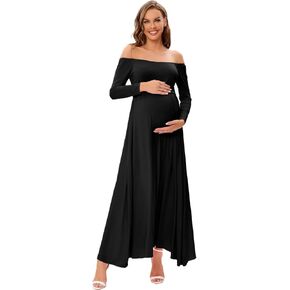 ZIUMUDY Maternity Off Shoulder Long Dress for Photoshoot Baby Shower Casual Long Sleeve Pregnancy Dress
