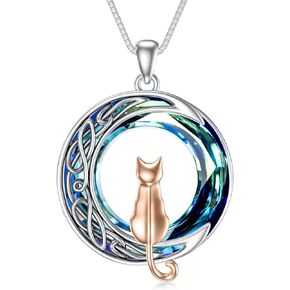 TOUPOP Cat Gifts for Cat Lovers 1/2/3 Cats Necklace Sterling Silver Cat on the Moon Pendant Necklace with Blue Circle Crystal Birthday Anniversary Christmas Celtic Jewelry Gifts for Women Teen Girls