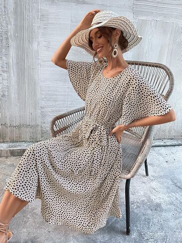 فستان MakeMeChic النسائي ذو الأكمام القصيرة والمطبوع بالكامل مع حزام in Kuwait