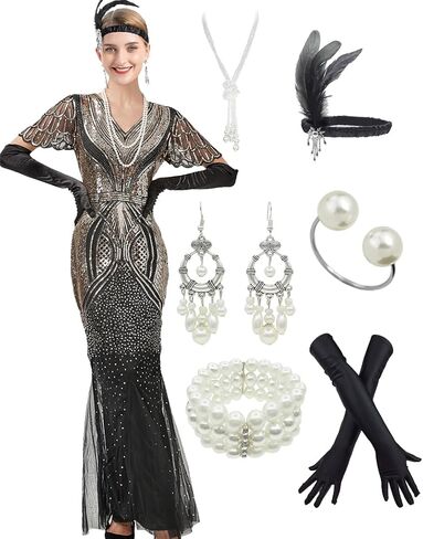 1920s Gatsby Flapper Evening Party Dress V Neck Sequins Mermaid Hem Cocktail Long Maxi Gown w/ 20s Accessories Set in Kuwait