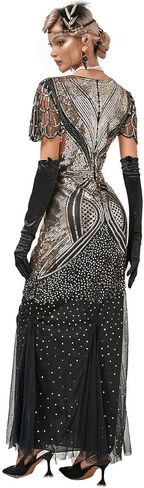 1920s Gatsby Flapper Evening Party Dress V Neck Sequins Mermaid Hem Cocktail Long Maxi Gown w/ 20s Accessories Set in Kuwait