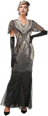 1920s Gatsby Flapper Evening Party Dress V Neck Sequins Mermaid Hem Cocktail Long Maxi Gown w/ 20s Accessories Set in Kuwait