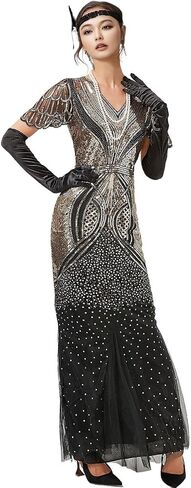 1920s Gatsby Flapper Evening Party Dress V Neck Sequins Mermaid Hem Cocktail Long Maxi Gown w/ 20s Accessories Set in Kuwait