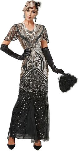 1920s Gatsby Flapper Evening Party Dress V Neck Sequins Mermaid Hem Cocktail Long Maxi Gown w/ 20s Accessories Set in Kuwait