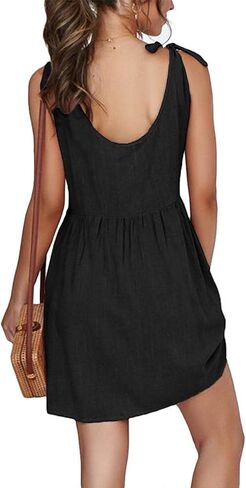 CNJFJ المرأة الصيف الكتف التعادل حزام فستان بيبي دول عادية مغرفة الرقبة ألف خط متزلج سوينغ فستان الشمس صغير أسود in Kuwait