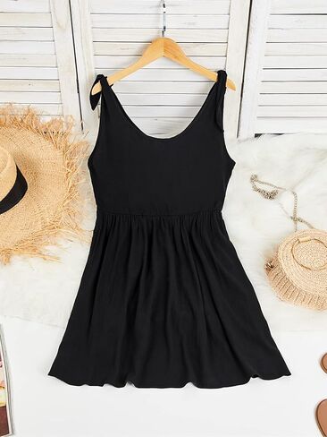 CNJFJ المرأة الصيف الكتف التعادل حزام فستان بيبي دول عادية مغرفة الرقبة ألف خط متزلج سوينغ فستان الشمس صغير أسود in Kuwait