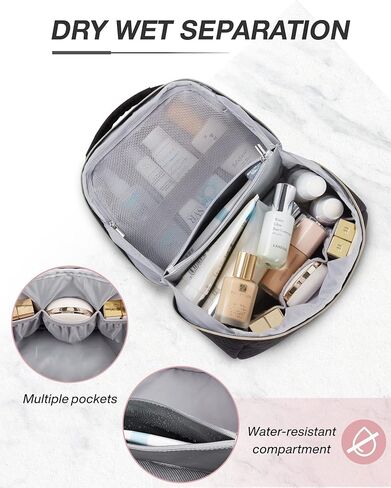 حقيبة أدوات الزينة للسفر للنساء من باغسمارت، حقيبة أدوات الزينة كبيرة جدًا، مستلزمات السفر المقاومة للماء، حقيبة مكياج مستحضرات التجميل بسحاب مزدوج الاتجاه مع مقبض حمل، حقيبة سفر لأدوات الزينة - وردي in Kuwait