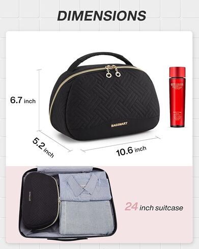 حقيبة أدوات الزينة للسفر للنساء من باغسمارت، حقيبة أدوات الزينة كبيرة جدًا، مستلزمات السفر المقاومة للماء، حقيبة مكياج مستحضرات التجميل بسحاب مزدوج الاتجاه مع مقبض حمل، حقيبة سفر لأدوات الزينة - وردي in Kuwait